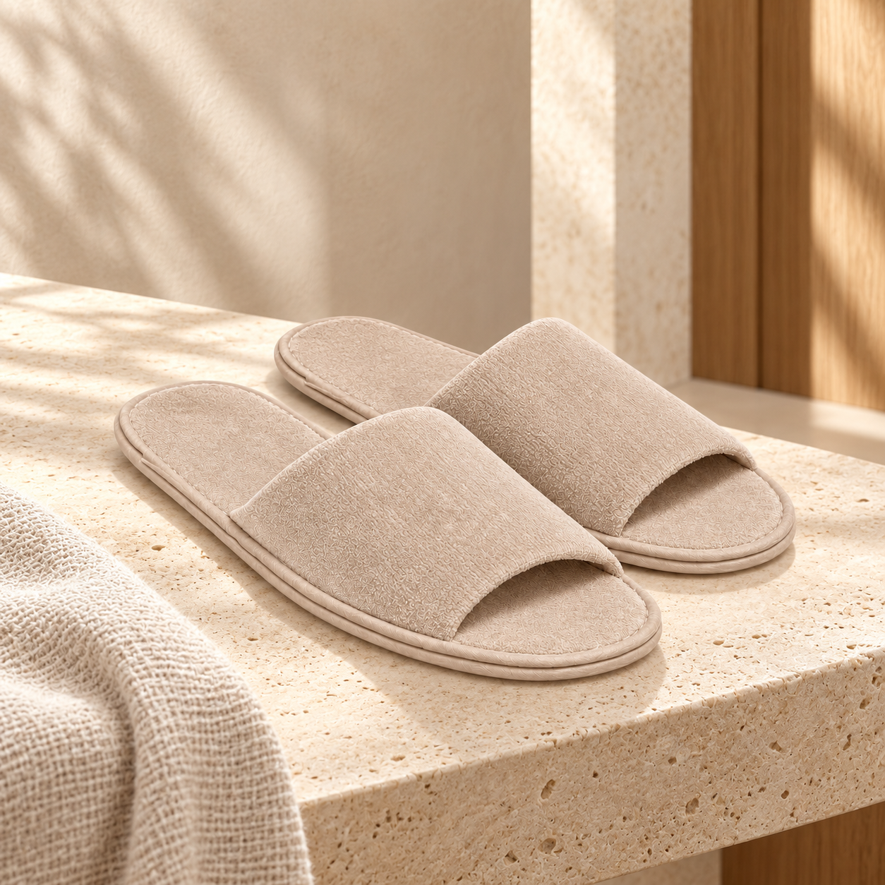 Maison Open-Toe Velour Slipper — hospitality setting