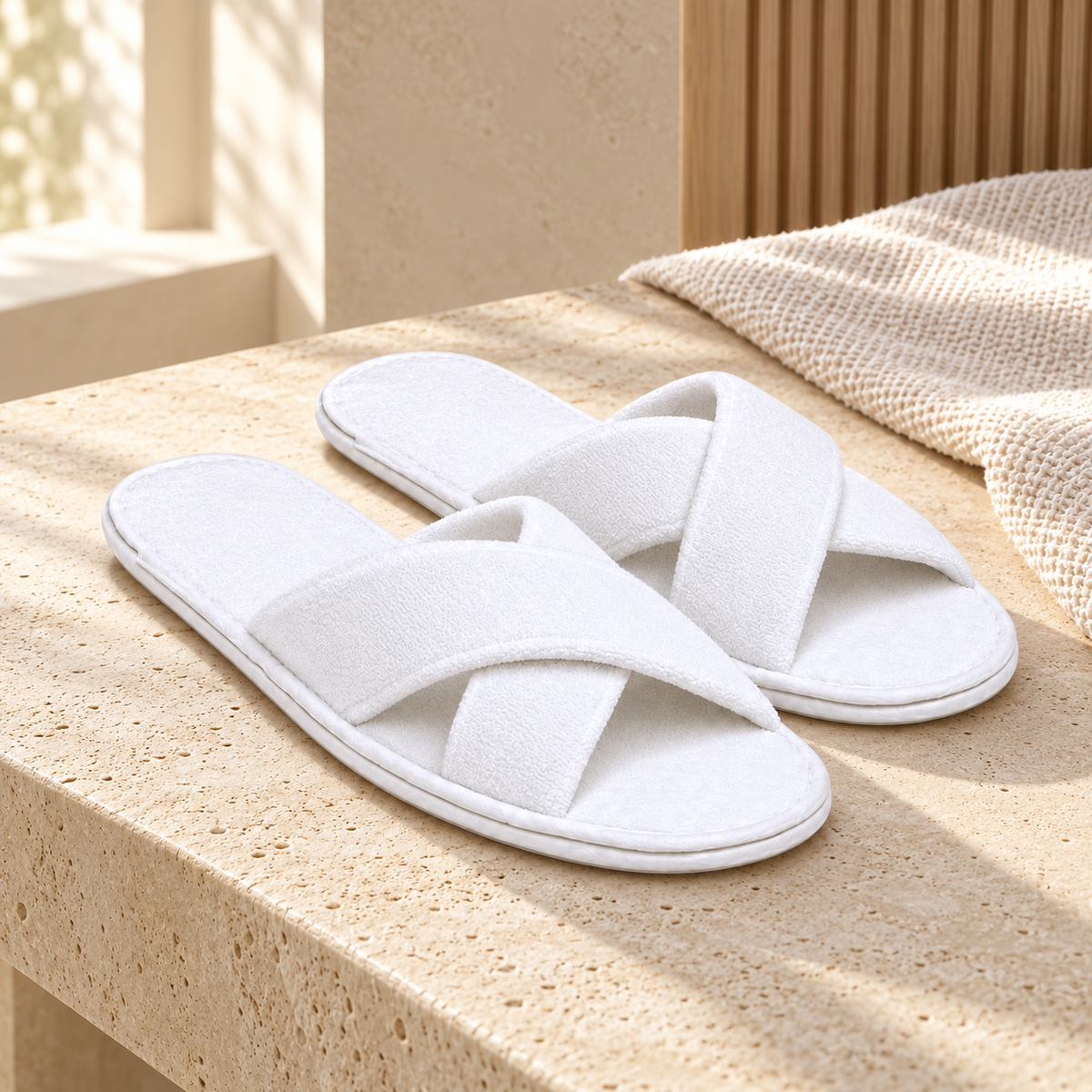 Atelier Cross-Strap Velour Slipper — hospitality setting