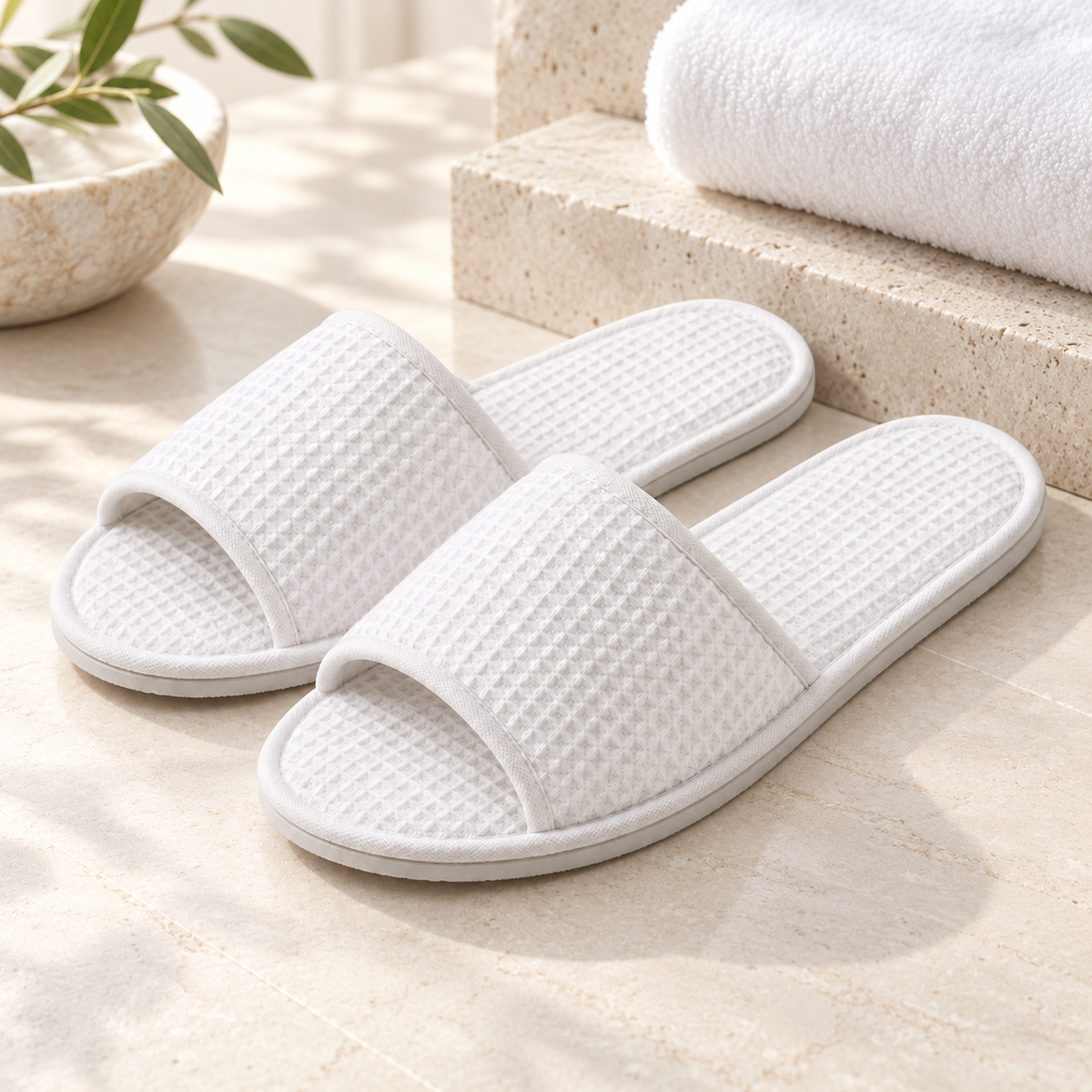 Serenity Open-Toe Waffle Slipper — hospitality setting