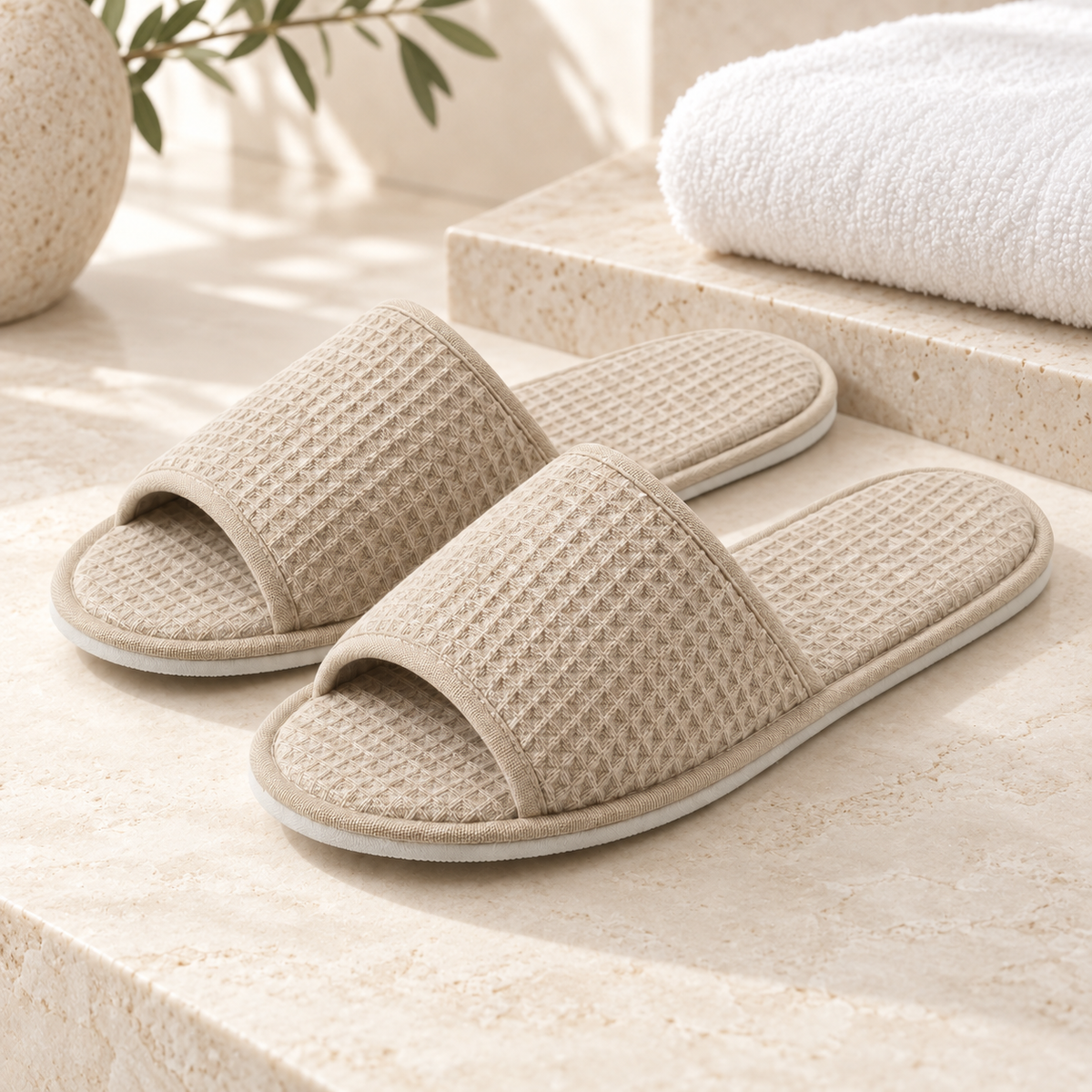 Retreat Open-Toe Waffle Slipper — hospitality setting