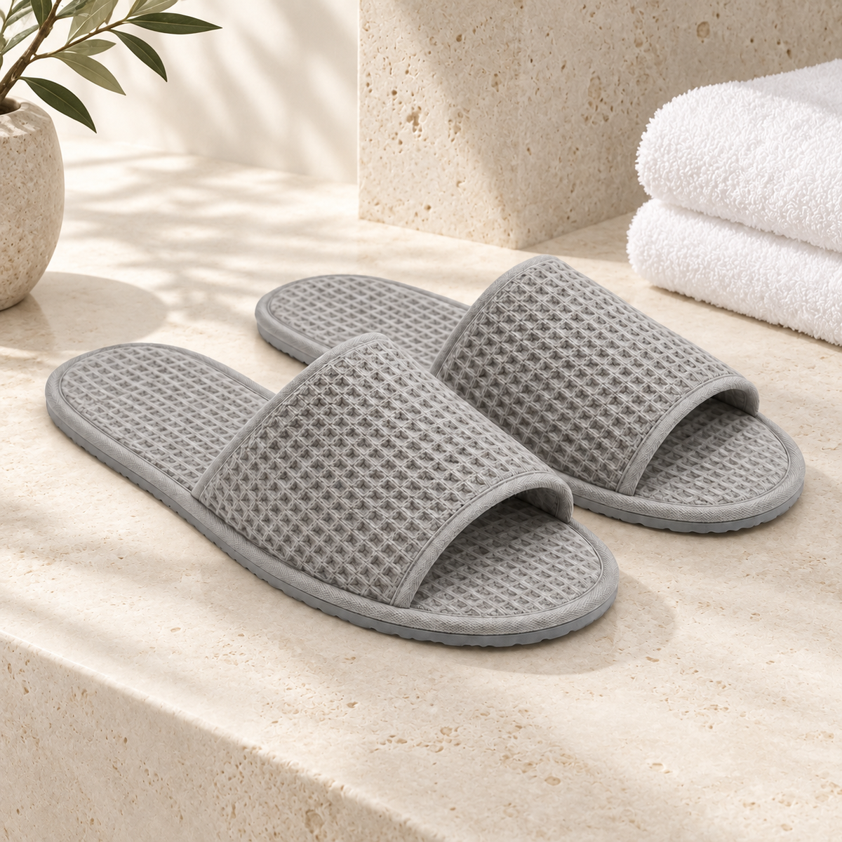 Mineral Open-Toe Waffle Slipper — hospitality setting