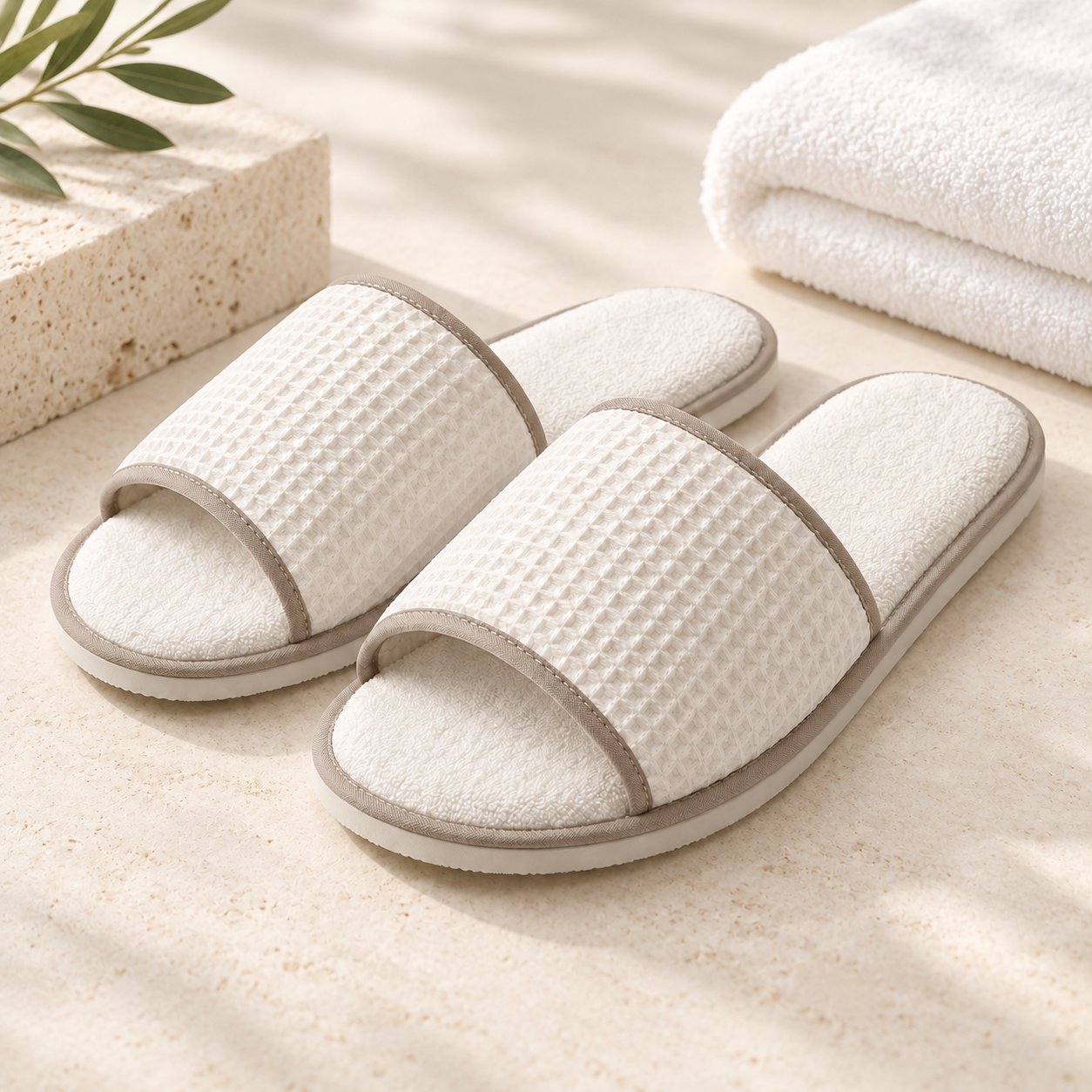 Spa Suite Open-Toe Piped Slipper — hospitality setting