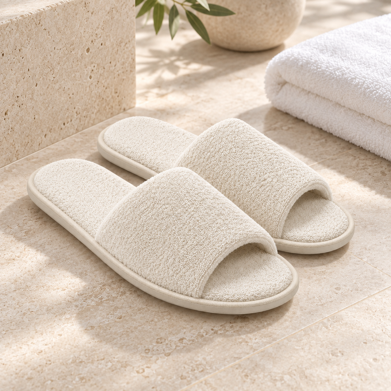 Haven Open-Toe Terry Slipper — hospitality setting