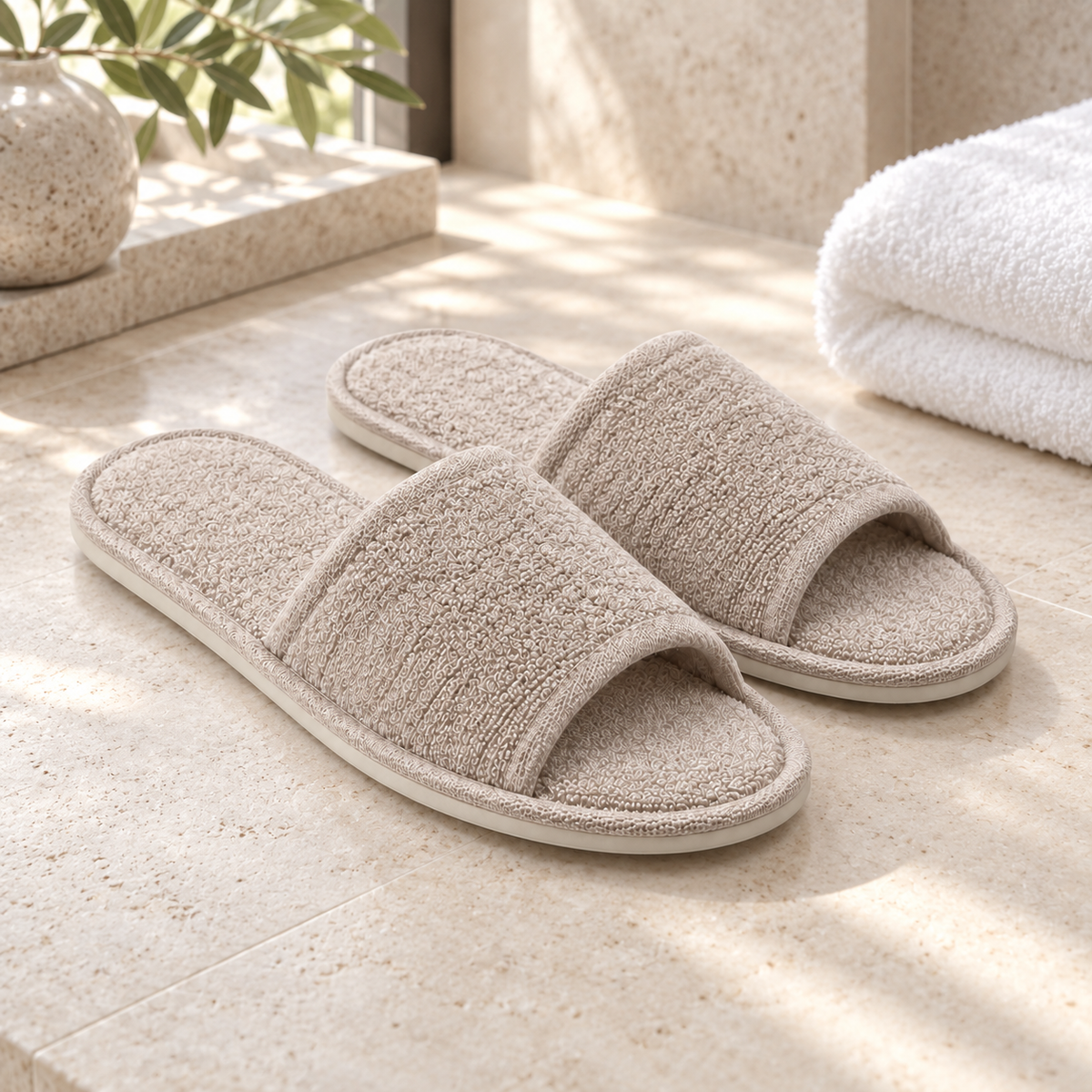 Residence Open-Toe French Terry Slipper — hospitality setting