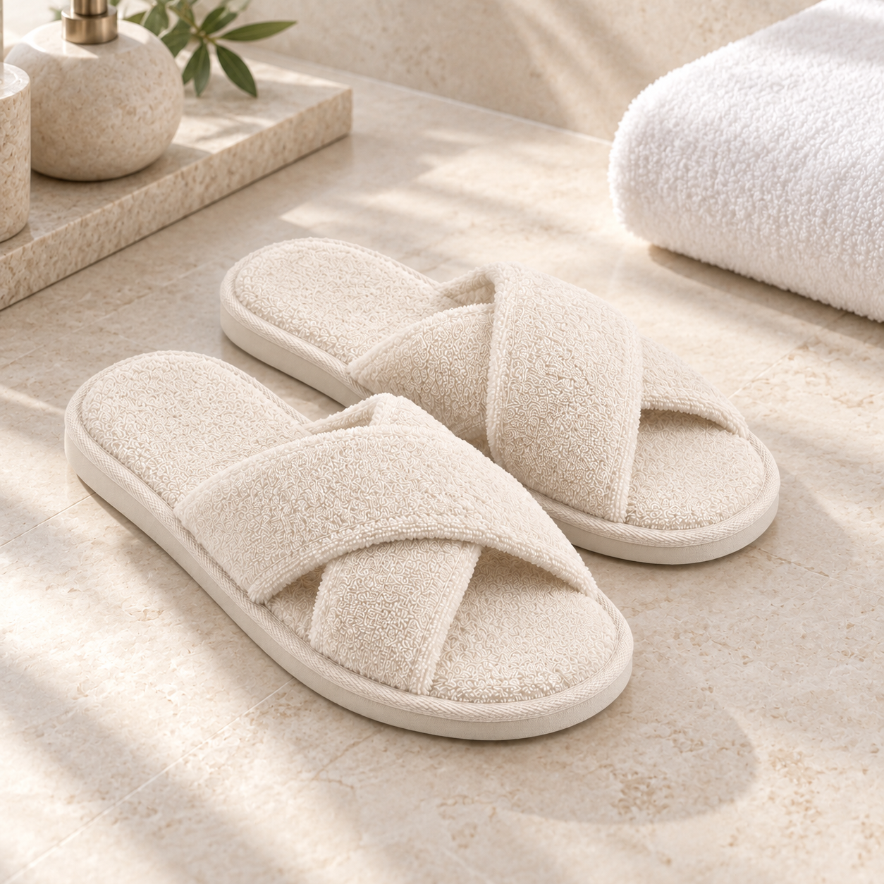Signature Cross-Strap Terry Slipper — hospitality setting
