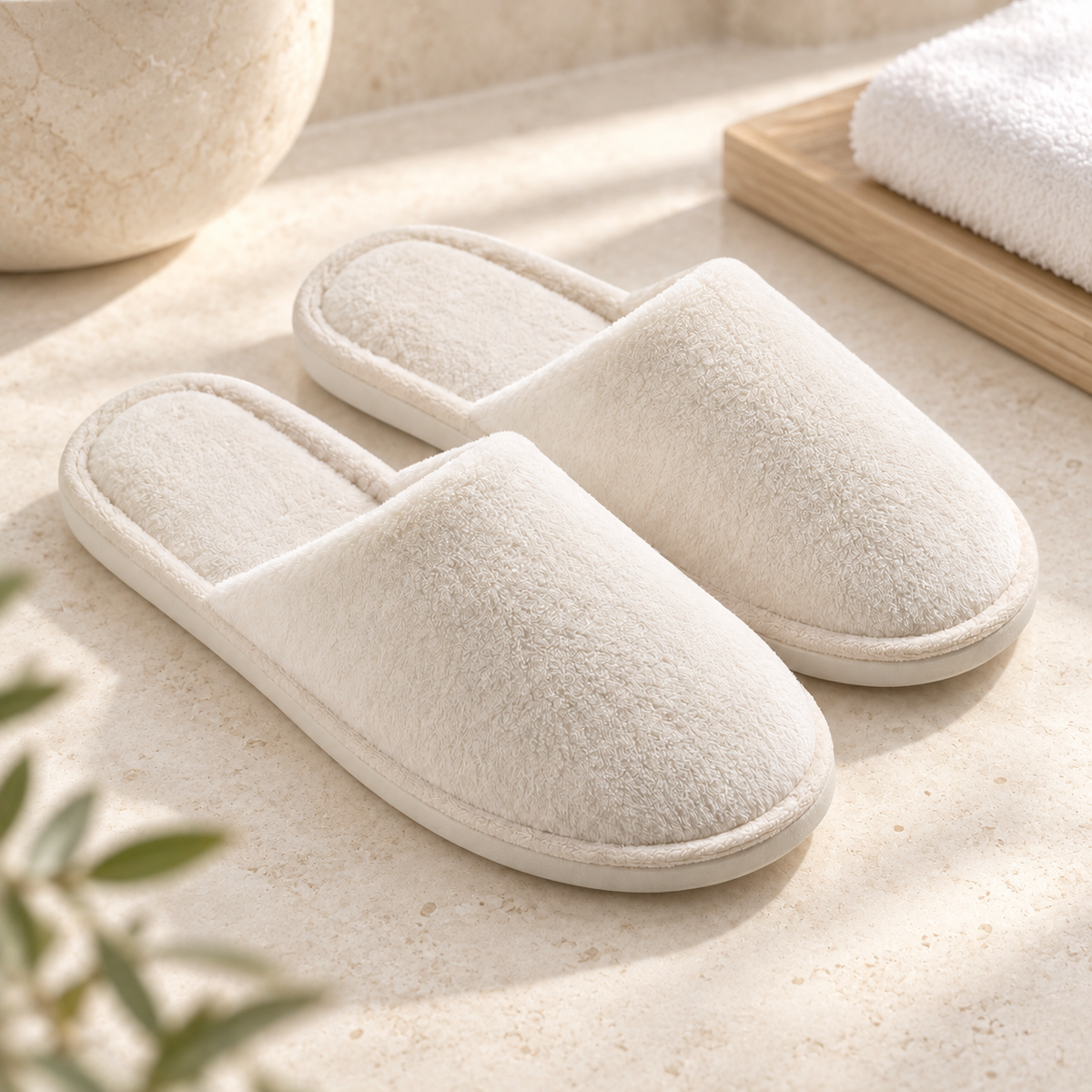 Plant-Based Plush Closed-Toe Slipper — hospitality setting