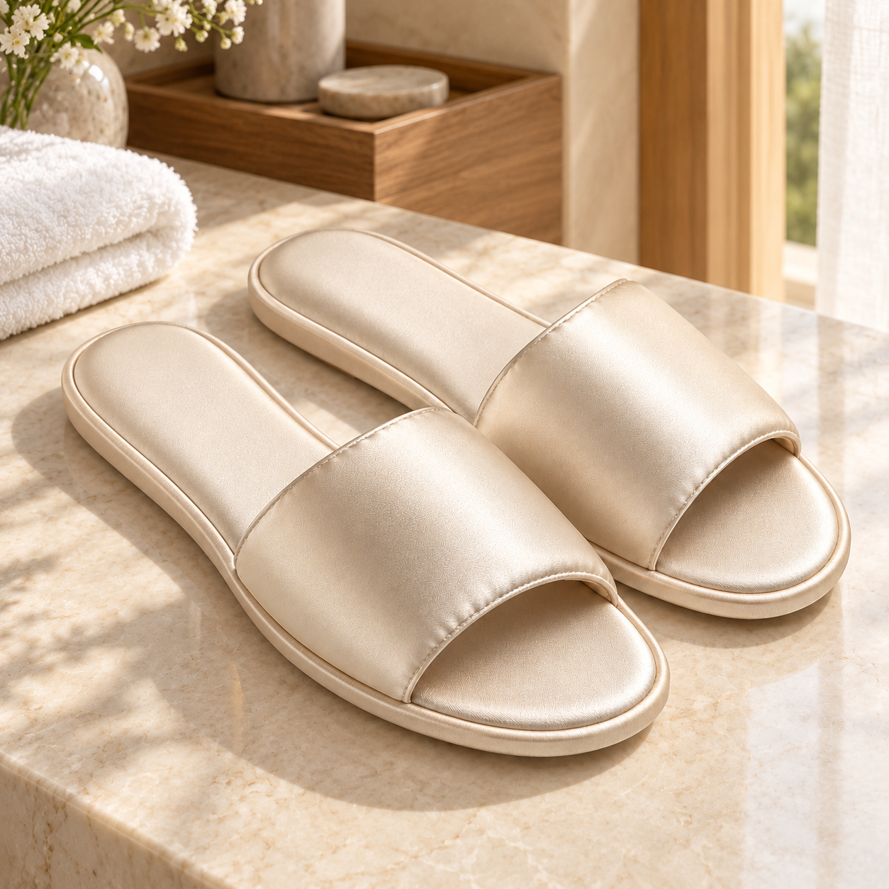 Pearl Satin Open-Toe Slipper — hospitality setting