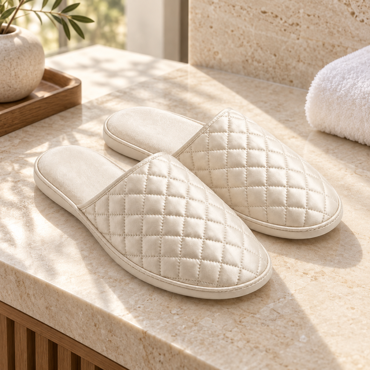 Opaline Quilted Closed-Toe Slipper — hospitality setting