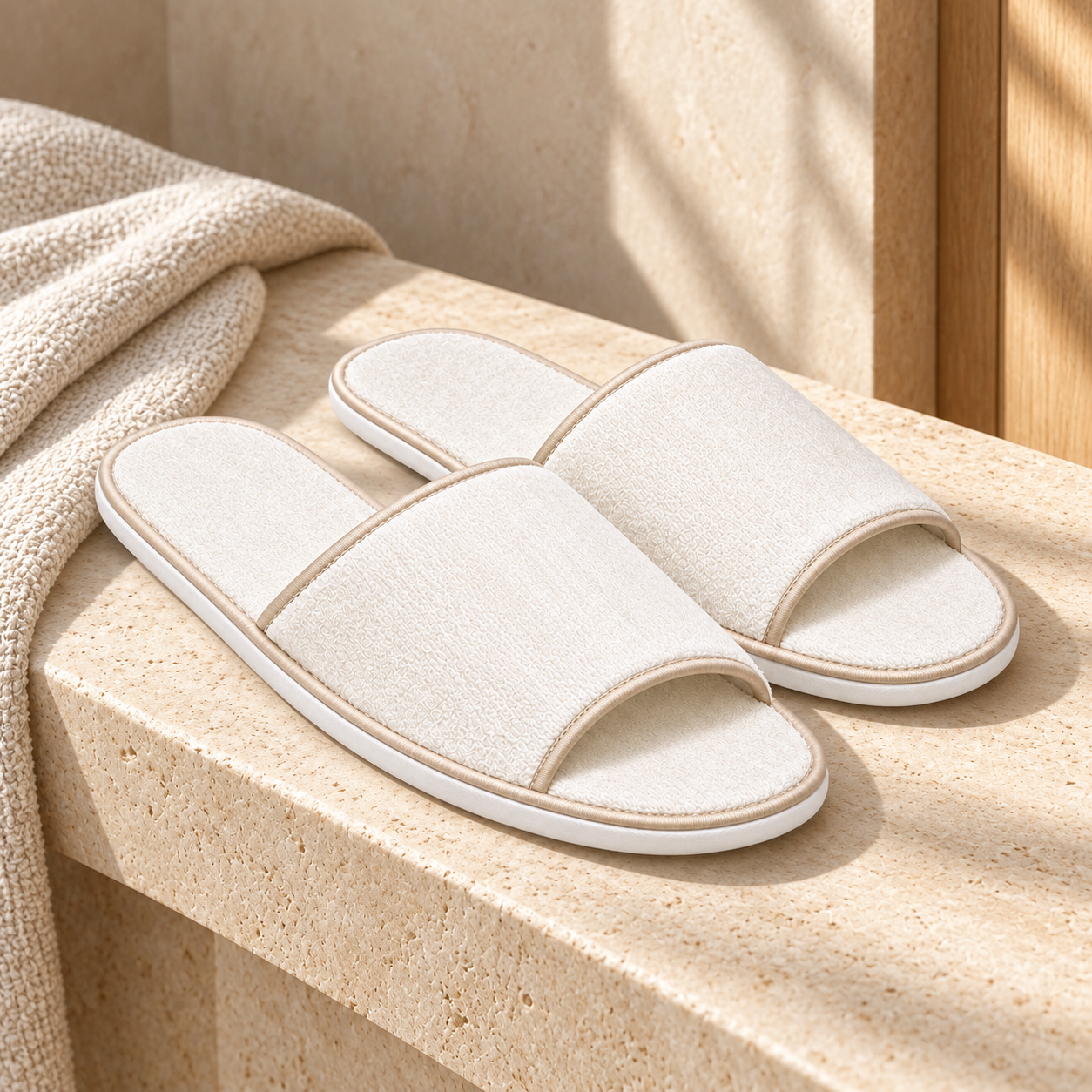 Reserve Open-Toe Piped Velour Slipper — hospitality setting