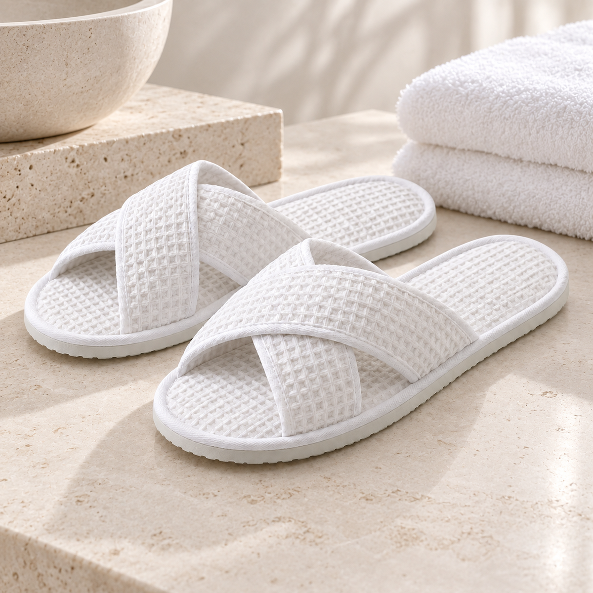 Retreat Cross-Strap Waffle Slipper — hospitality setting