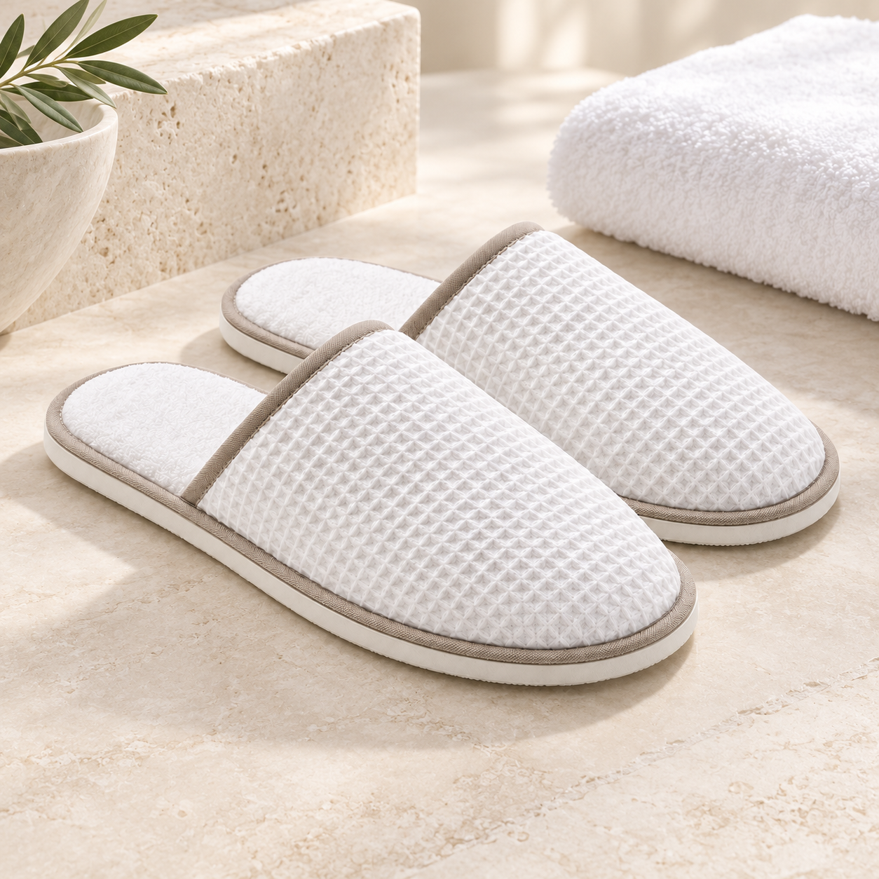 Spa Suite Closed-Toe Piped Slipper — hospitality setting