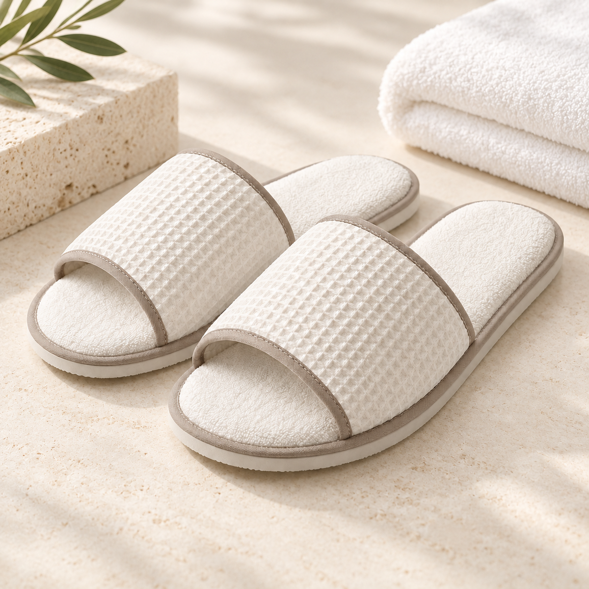 Spa Suite Open-Toe Piped Slipper — hospitality setting