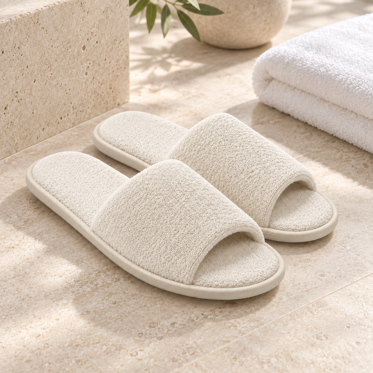 Haven Open-Toe Terry Slipper — hospitality setting