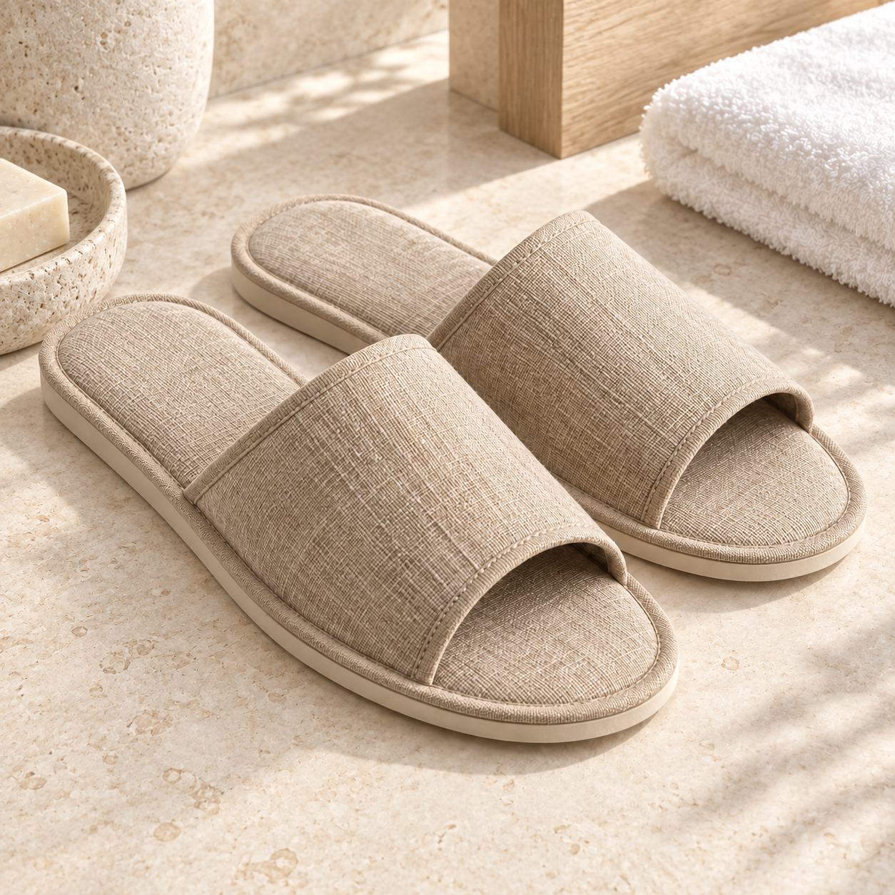 Linen Spa Open-Toe Slipper — hospitality setting