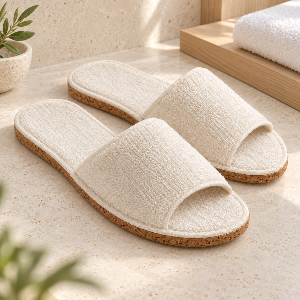 Cork Sole Open-Toe Slipper — hospitality setting