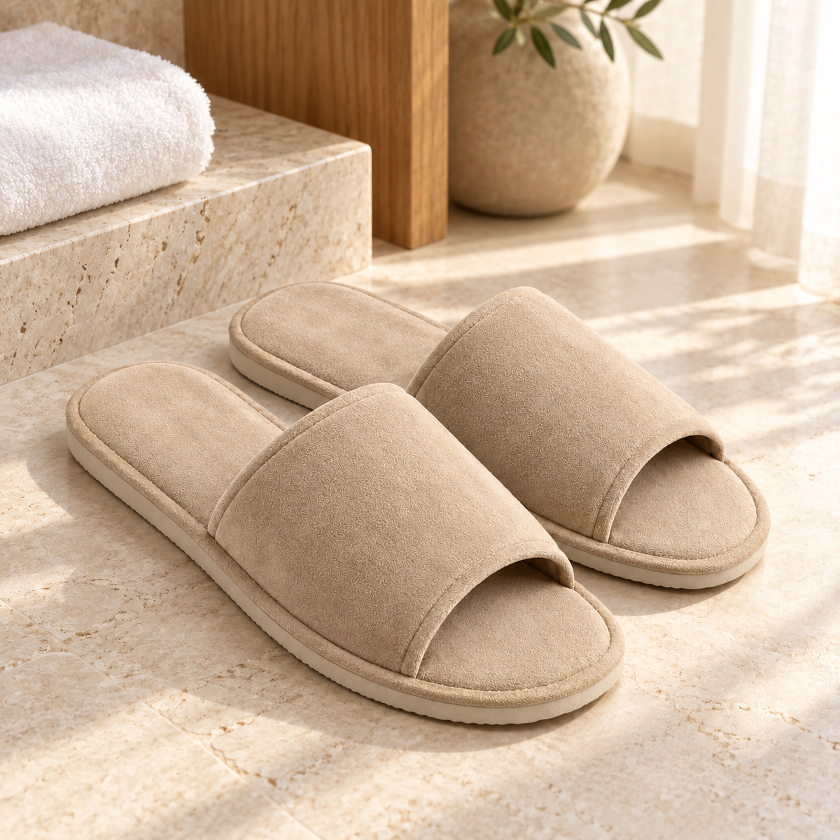 Riviera Faux-Suede Open-Toe Slipper — hospitality setting