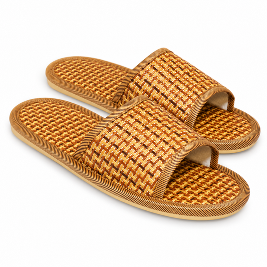 Pair of woven bamboo-style open-toe slippers, three-quarter view