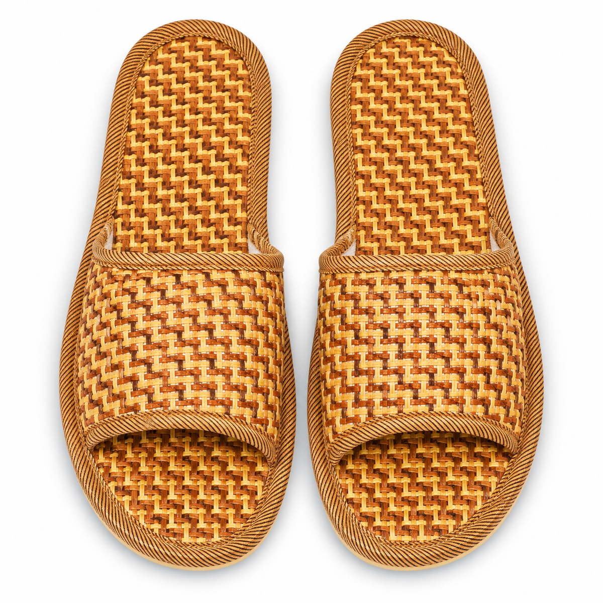 Overhead view of woven bamboo-style open-toe slippers