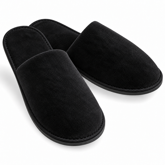 Pair of black closed-toe velour hotel slippers, three-quarter view