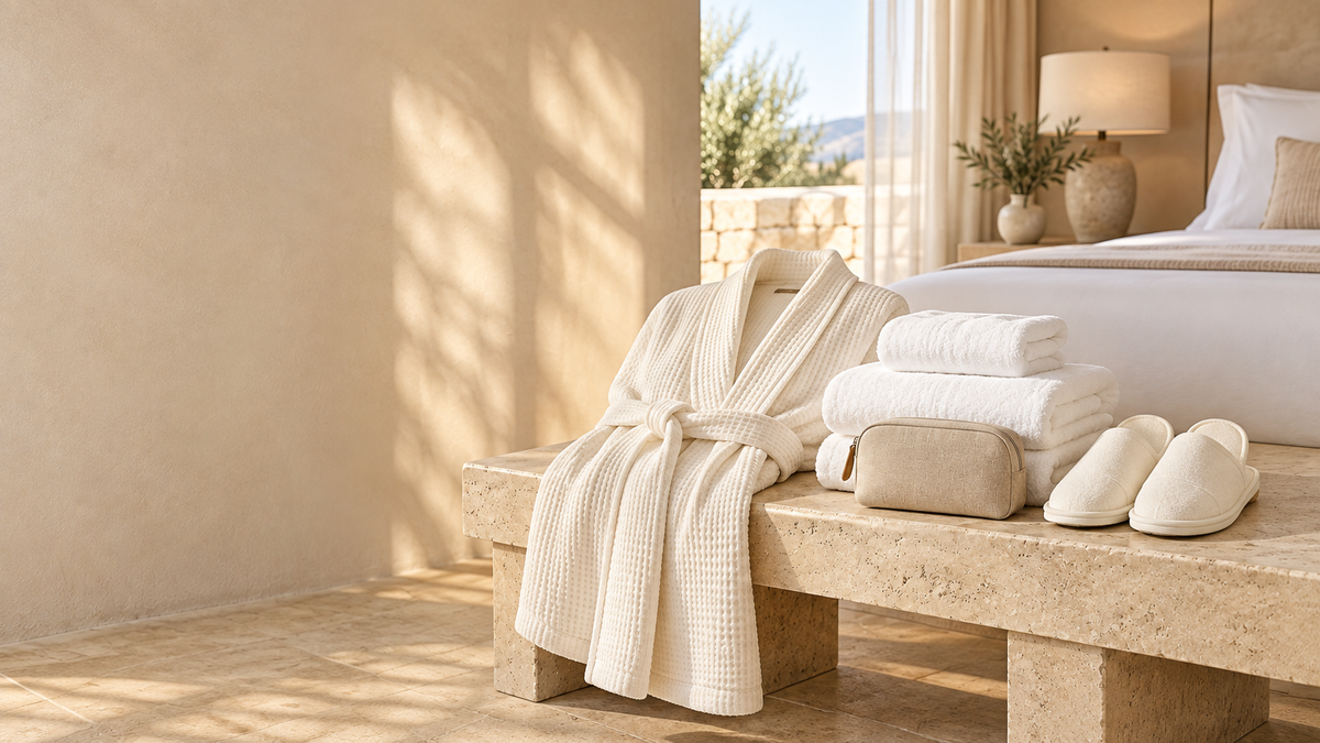 Ivory hotel robe, towels, amenity pouch, and slippers arranged on a limestone bench